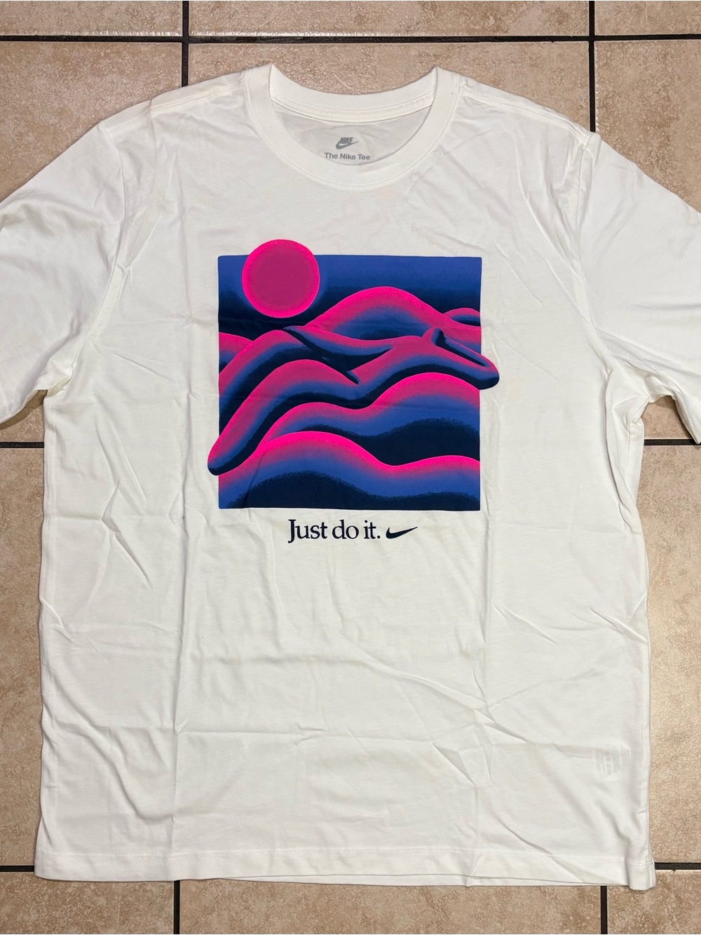 Nike White Tee with Pink & Blue Gradient Landscape